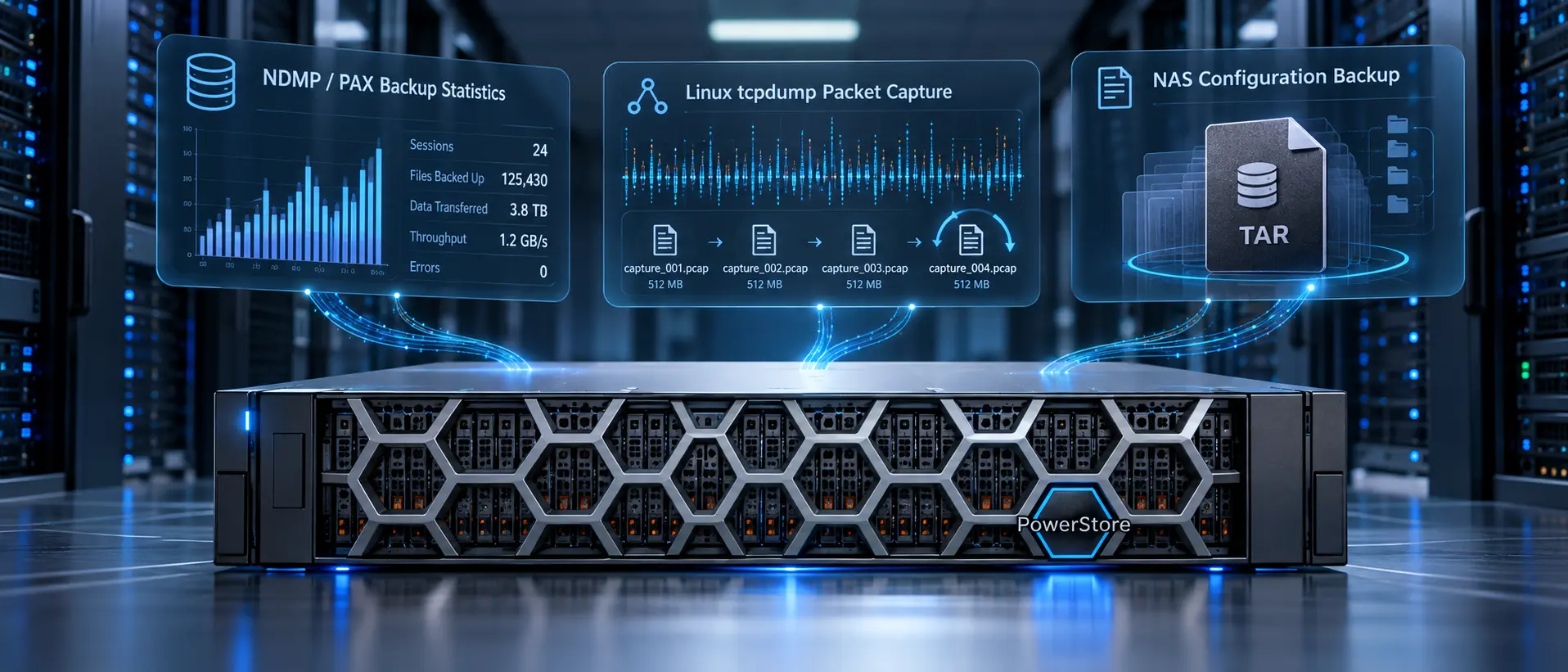 تصویر مفهومی استوریج Dell PowerStore همراه با نمایش آمار پشتیبان‌گیری NDMP و PAX، تحلیل ترافیک tcpdump و آرشیو پیکربندی NAS Server