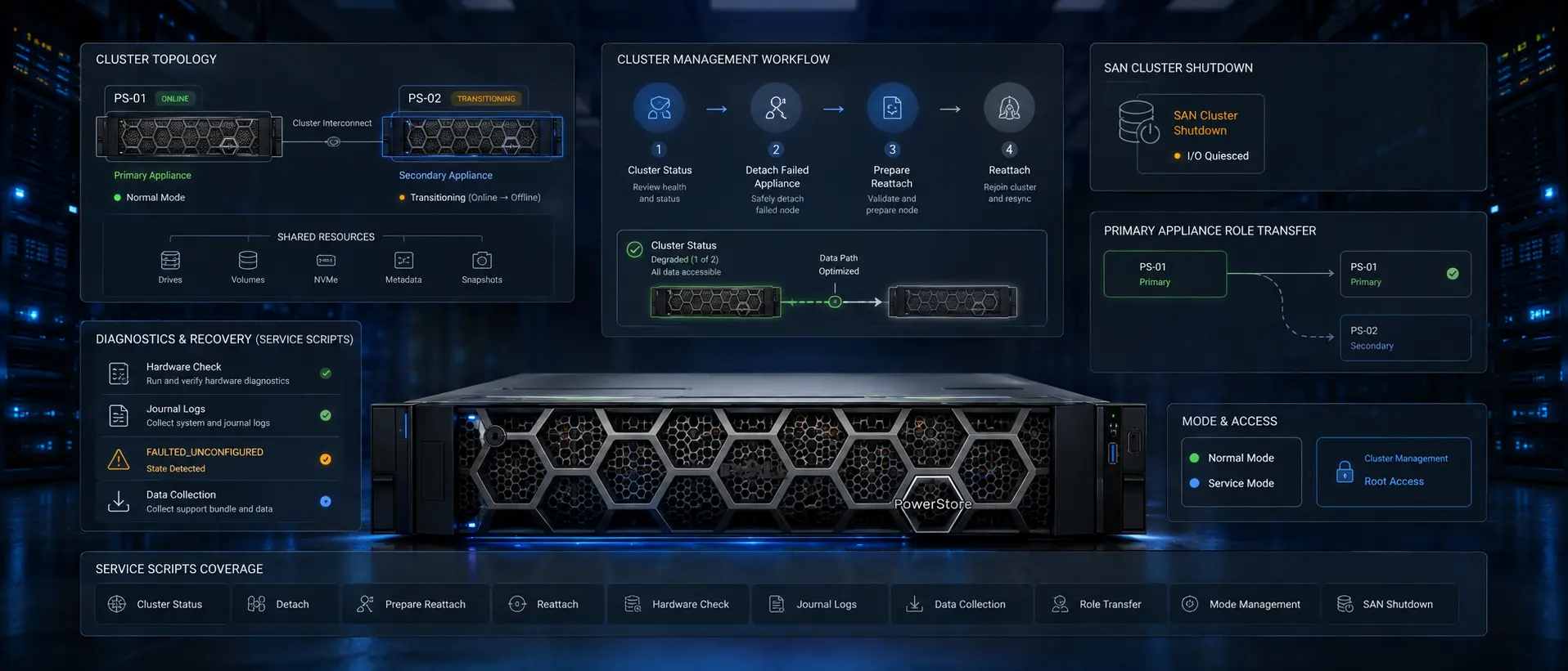 تصویر مفهومی مدیریت و عیب‌یابی Cluster در Dell PowerStore شامل Shutdown، Hardware Check، Detach و Reattach کردن Appliance و انتقال Primary Appliance