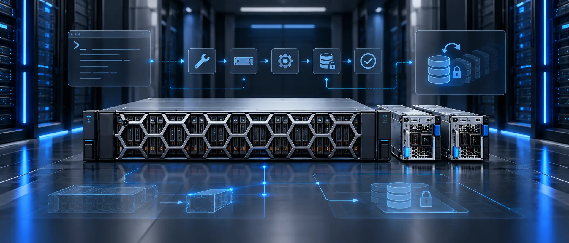 نمای مفهومی استوریج سازمانی Dell PowerStore با نمایش سخت‌افزار DPE و لایه‌های بصری مرتبط با Service Scripts، تعمیر نرم‌افزار، Service Mode و مدیریت Secure Snapshot.
