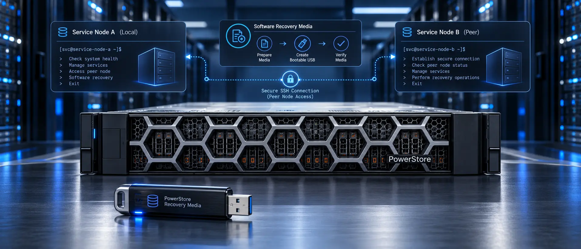 رسانه USB بازیابی نرم‌افزار Dell PowerStore در کنار تجهیزات ذخیره‌سازی سازمانی و نمایش مفهومی اتصال امن به Peer Node