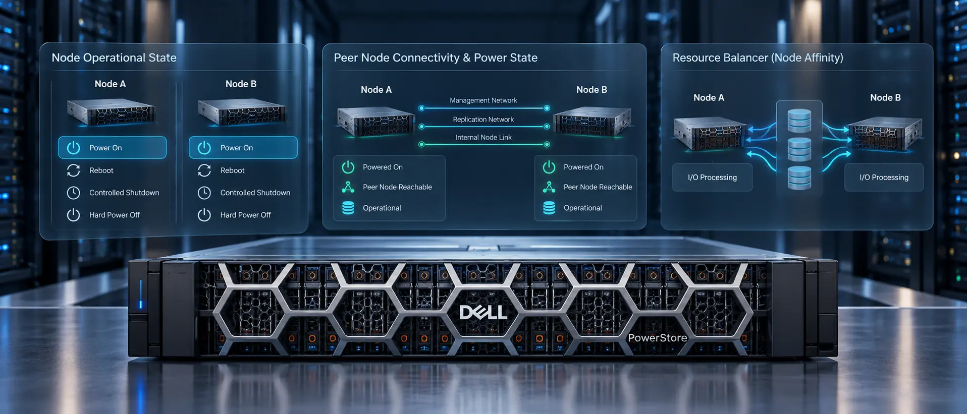 نمای مفهومی استوریج Dell PowerStore با دو Node و پنل‌های مدیریت روشن و خاموش‌کردن، وضعیت Peer Node و متعادل‌سازی پردازش I/O.