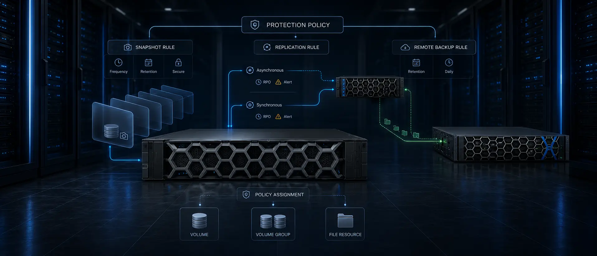 مدیریت Protection Policy در Dell PowerStore شامل Snapshot Rule، Replication Rule و Remote Backup Rule