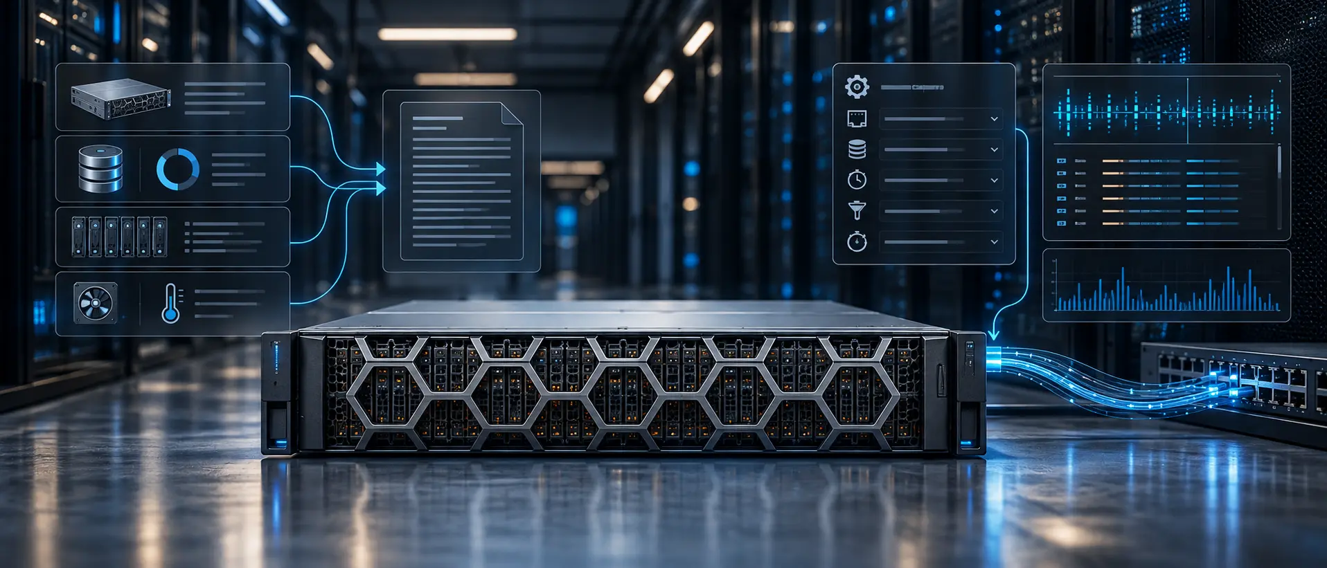 نمای مفهومی استوریج Dell PowerStore با نمایش جمع‌آوری اطلاعات سیستم و پایش ترافیک شبکه از طریق Service Scripts