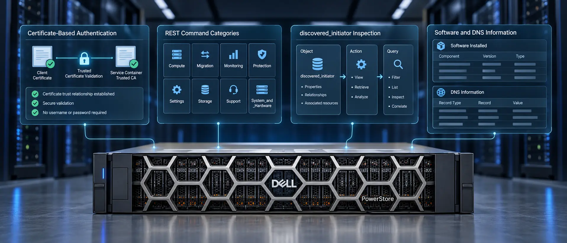 تصویر مفهومی اجرای درخواست‌های REST با svc_pstcli در استوریج Dell PowerStore، شامل احراز هویت مبتنی بر Certificate، دسته‌بندی دستورات و بررسی تنظیمات DNS و نرم‌افزارهای نصب‌شده.