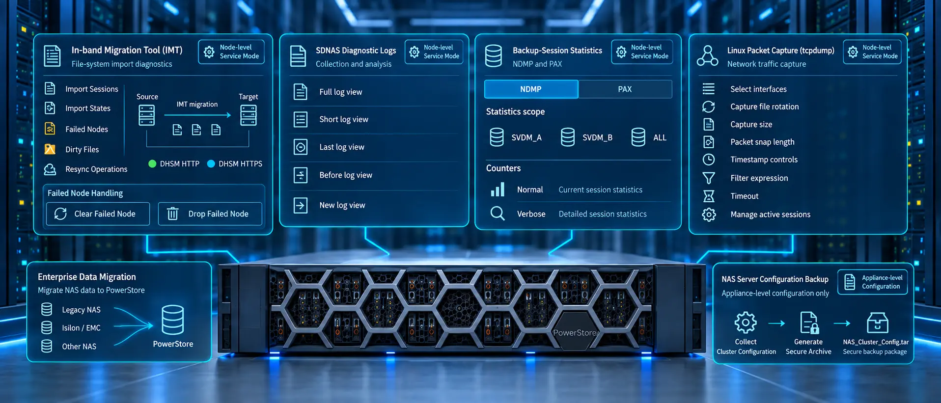 تصویر مفهومی Dell PowerStore برای مدیریت IMT Import، لاگ SDNAS، آمار NDMP/PAX، اجرای tcpdump و پشتیبان‌گیری پیکربندی NAS Server